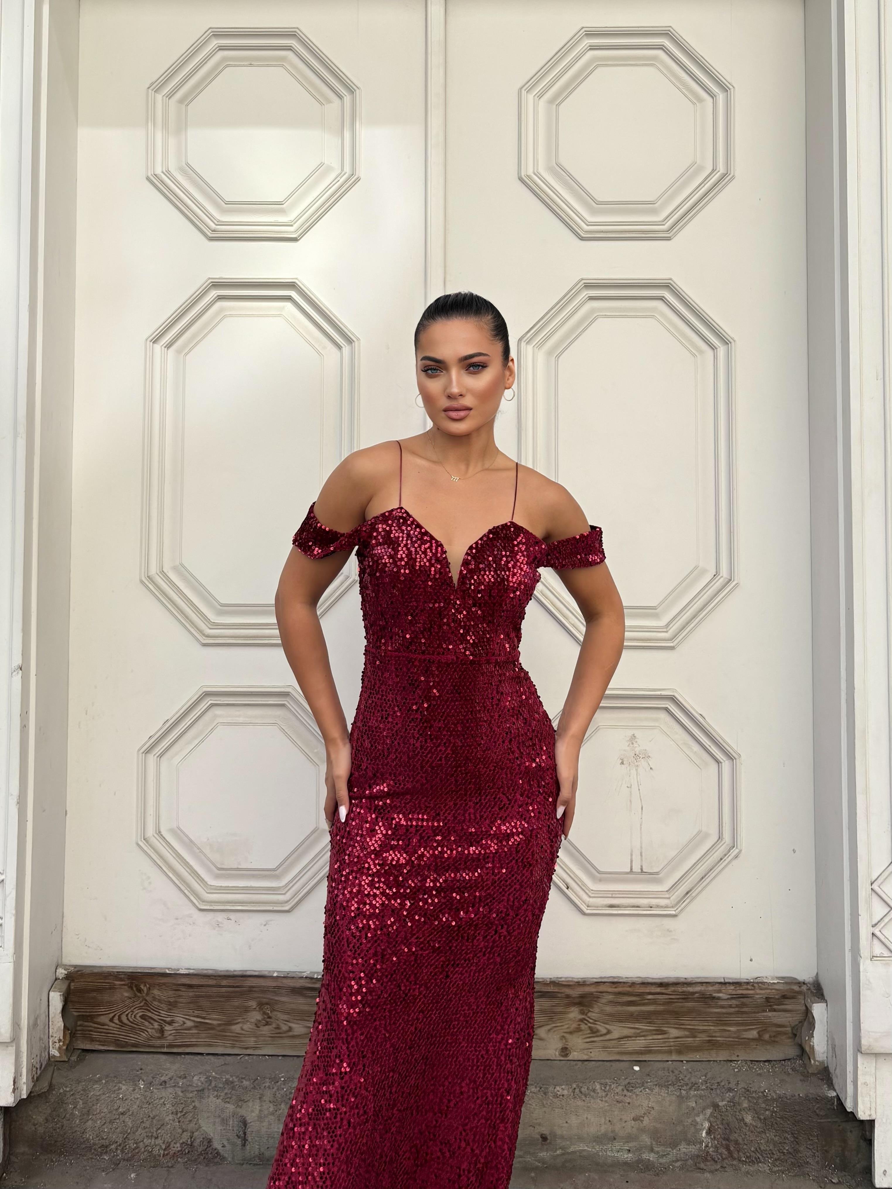  Trend Band Kol Kadife Balık Elbise BORDO 583198