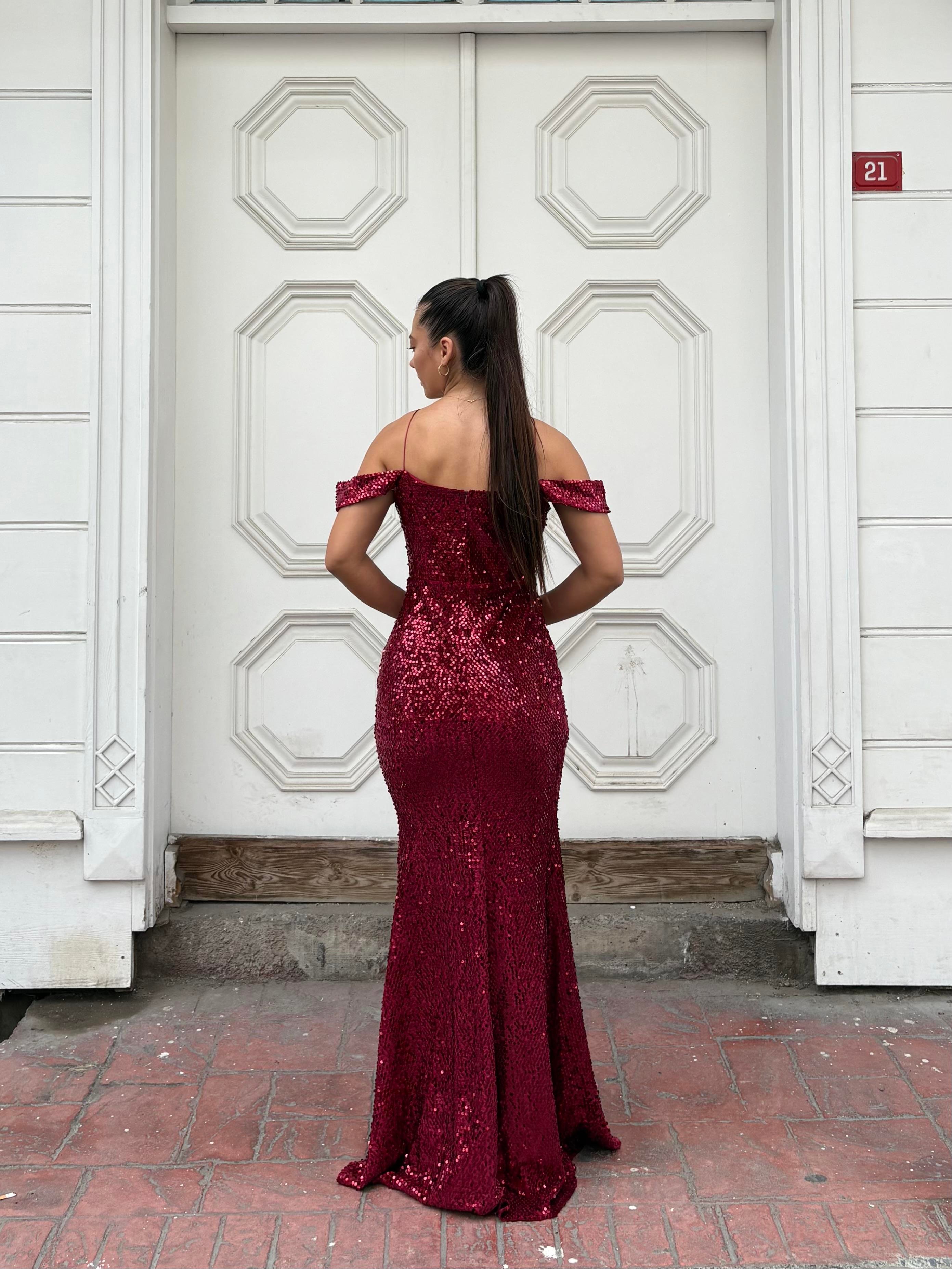  Trend Band Kol Kadife Balık Elbise BORDO 583198