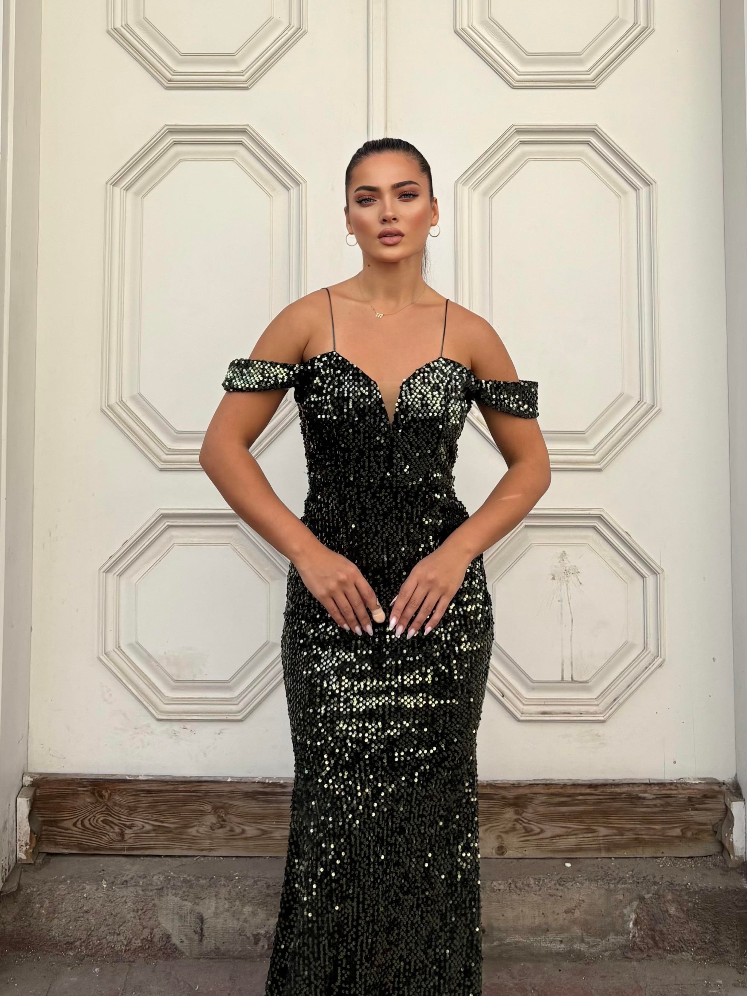 Trend Band Kol Kadife Balık Elbise HAKİ 583198