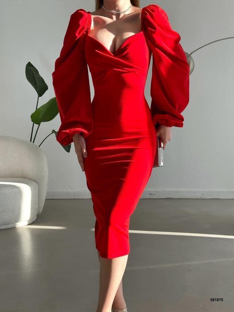 kruvaze yaka Balon Kol Ithal Krep Kumaş Midi Boy elbise 581915