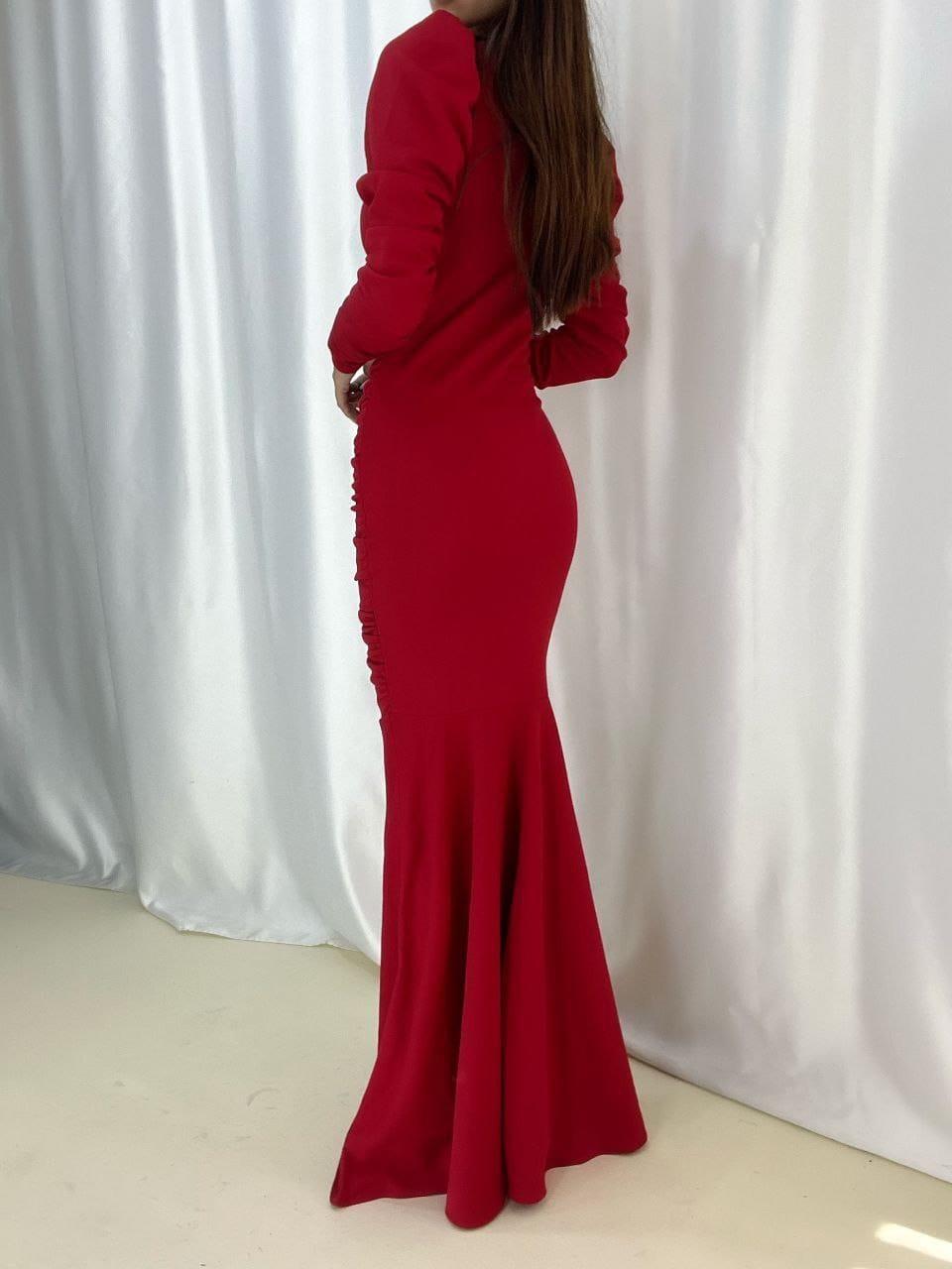 Krep Dokuma Kumaş Drepeli Maxi Boy Balik Elbise 581844 Kirmizi