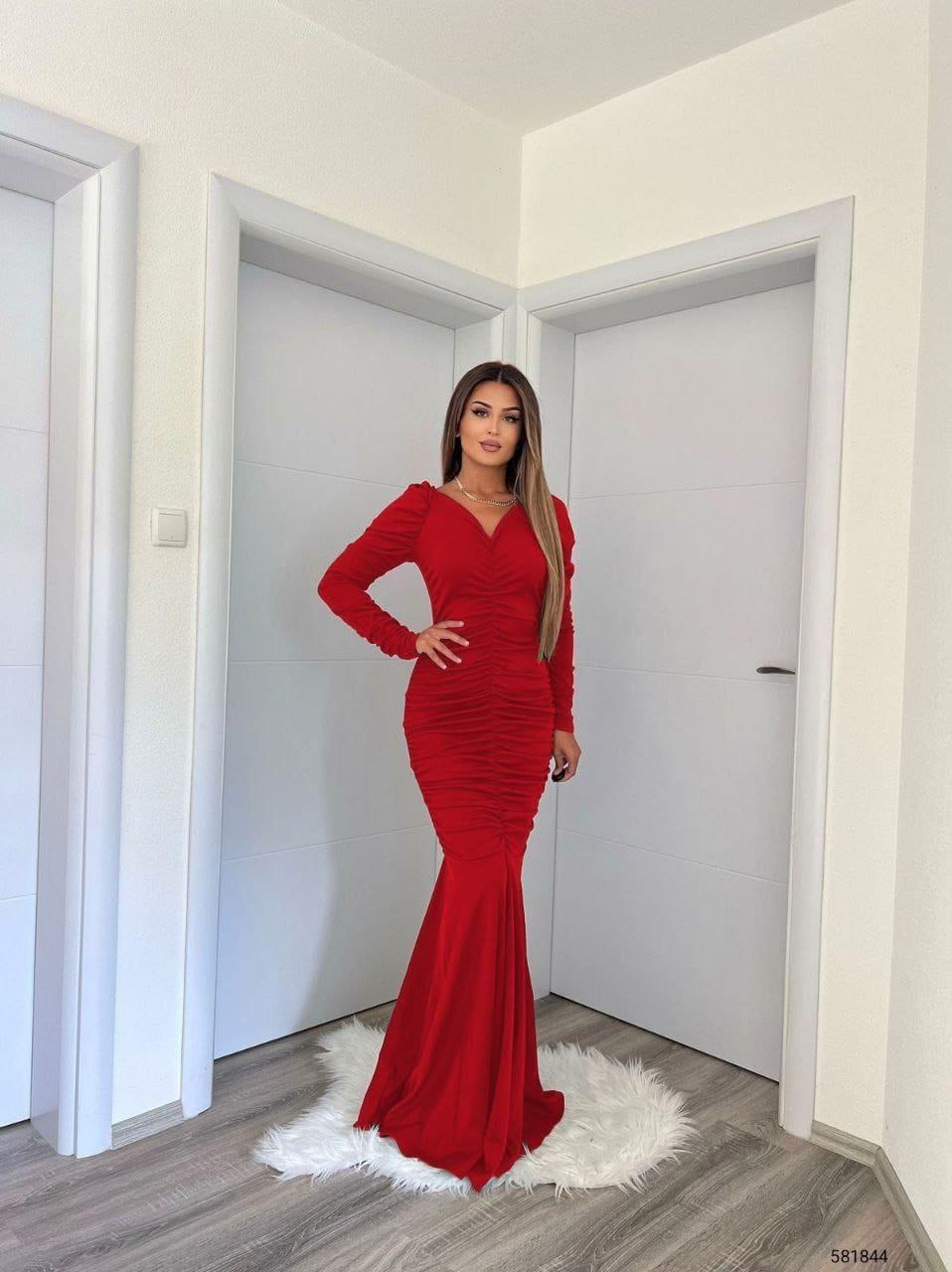 Krep Dokuma Kumaş Drepeli Maxi Boy Balik Elbise 581844 Kirmizi