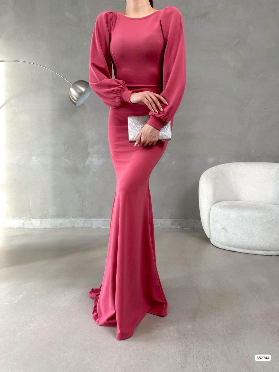 Balon Kol Balık Model Maxi Boy İthal Krep Kumaş Elbise 582744 Gülkurusu
