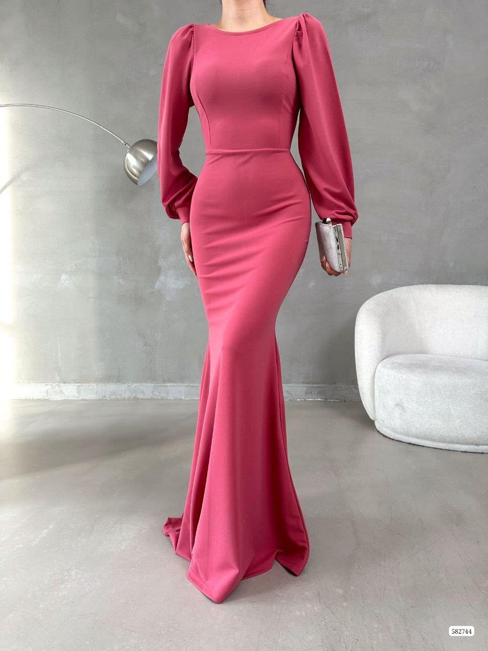 Balon Kol Balık Model Maxi Boy İthal Krep Kumaş Elbise 582744 Gülkurusu