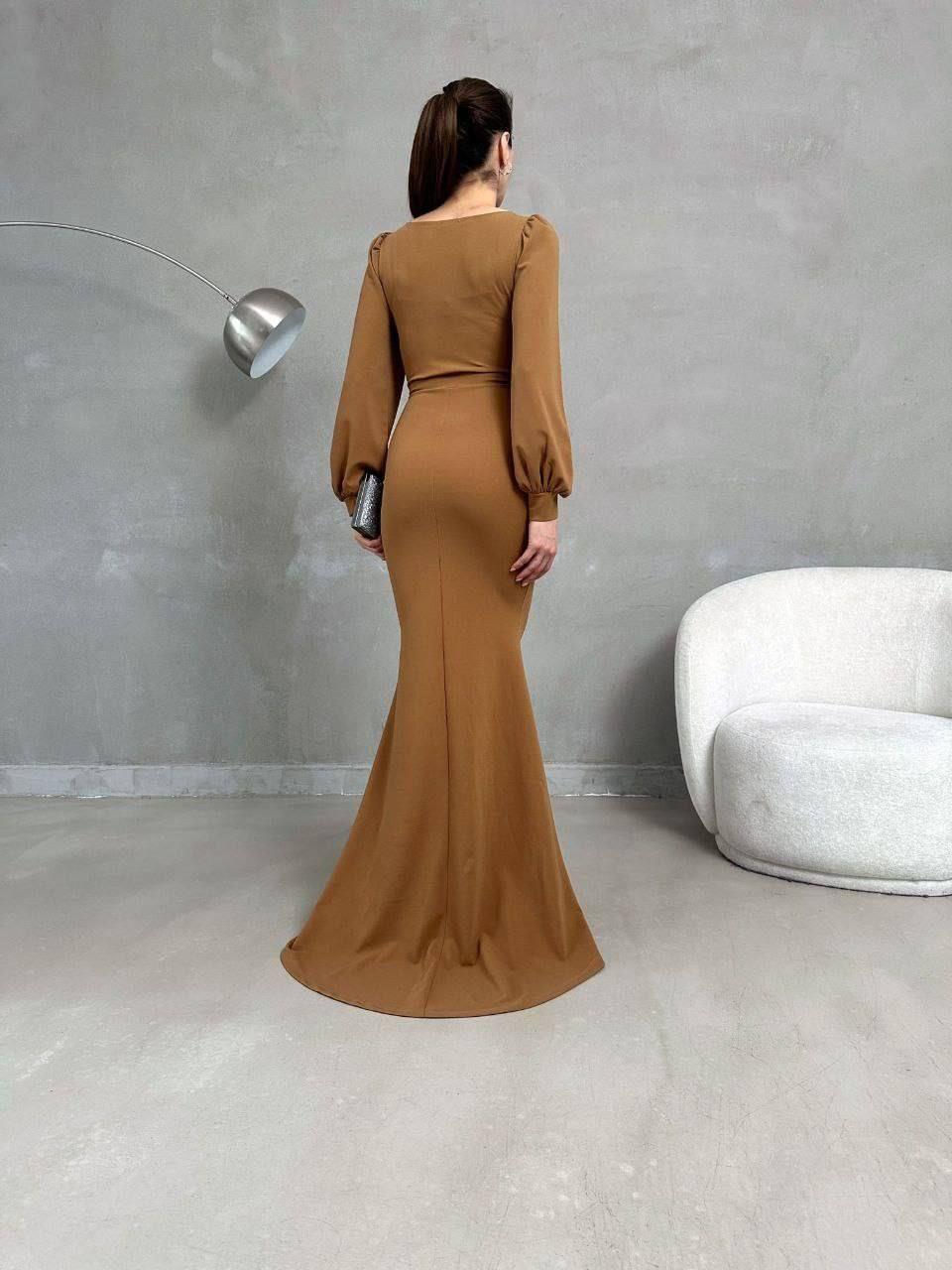 Balon Kol Balık Model Maxi Boy İthal Krep Kumaş Elbise 582744 Camel