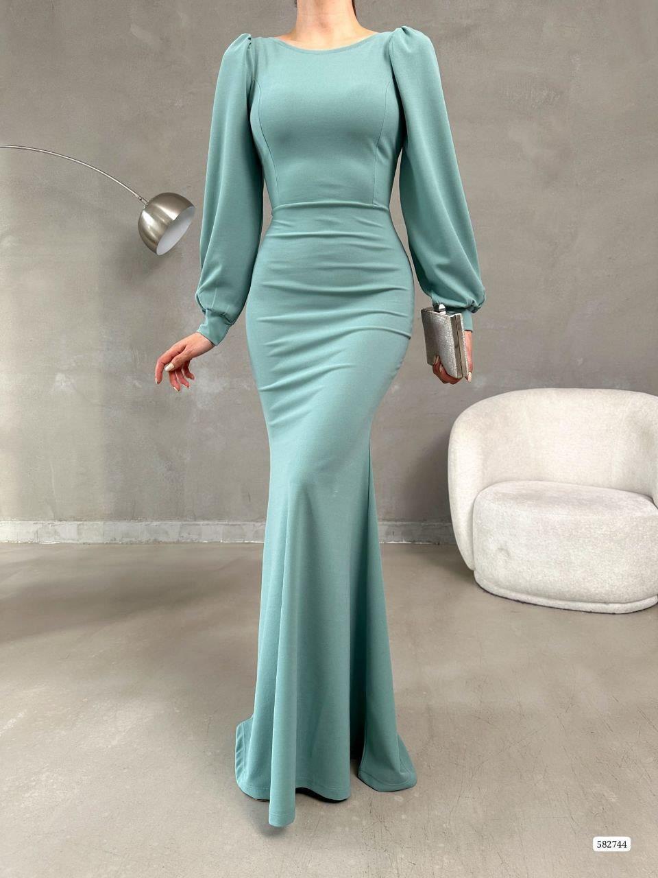 Balon Kol Balık Model Maxi Boy İthal Krep Kumaş Elbise 582744 Mint