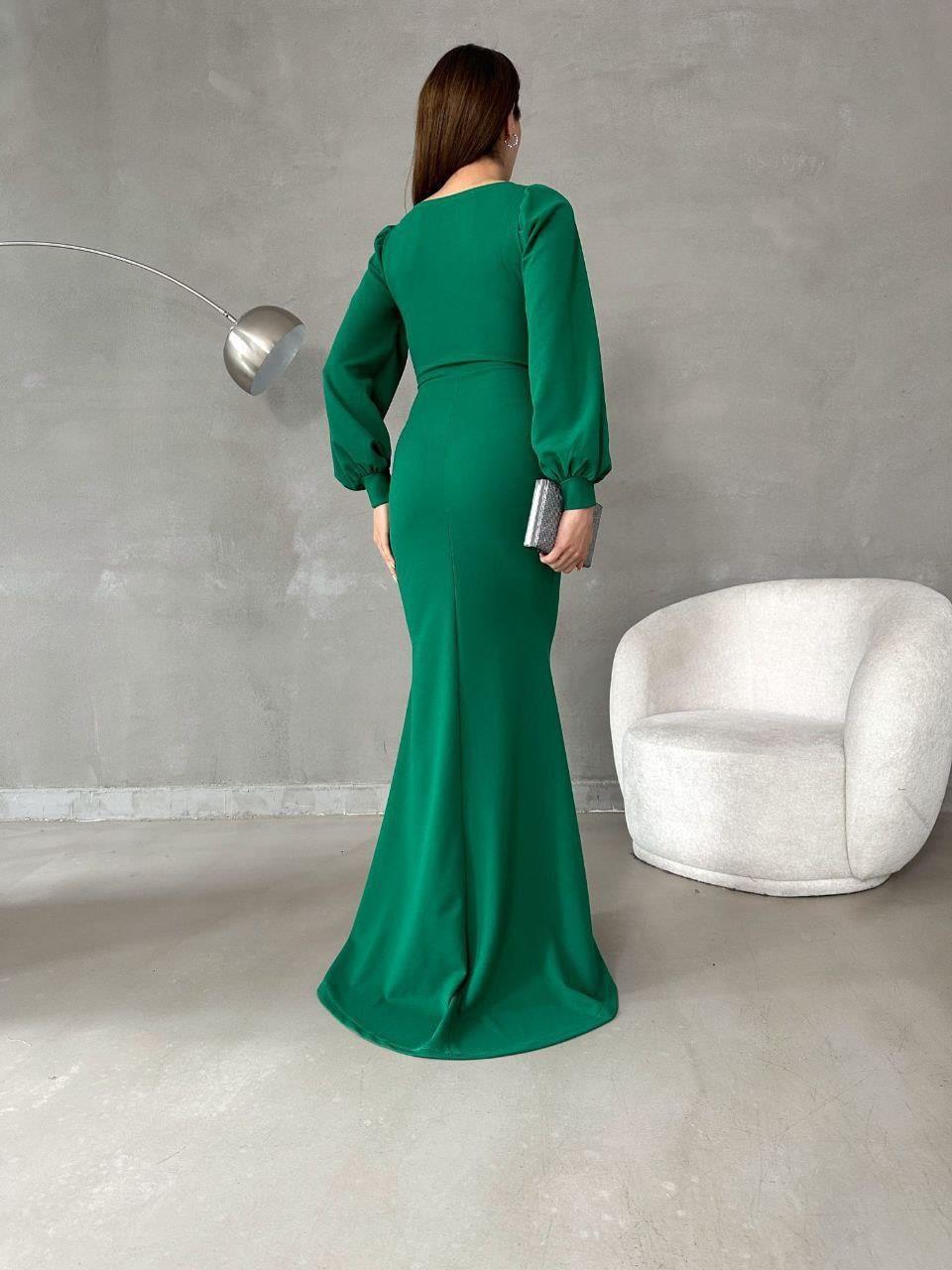 Balon Kol Balık Model Maxi Boy İthal Krep Kumaş Elbise 582744 Zumrut