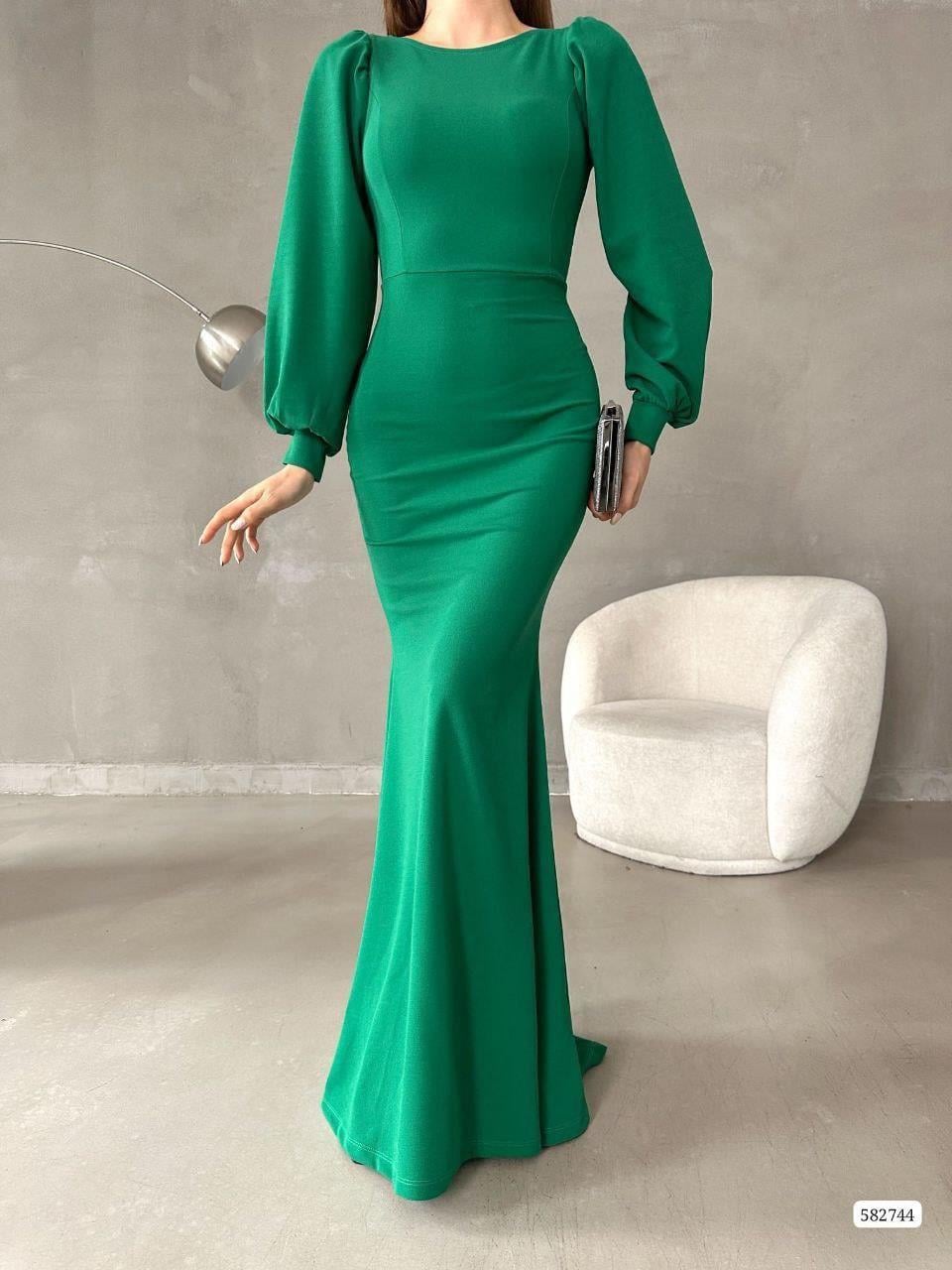 Balon Kol Balık Model Maxi Boy İthal Krep Kumaş Elbise 582744 Zumrut