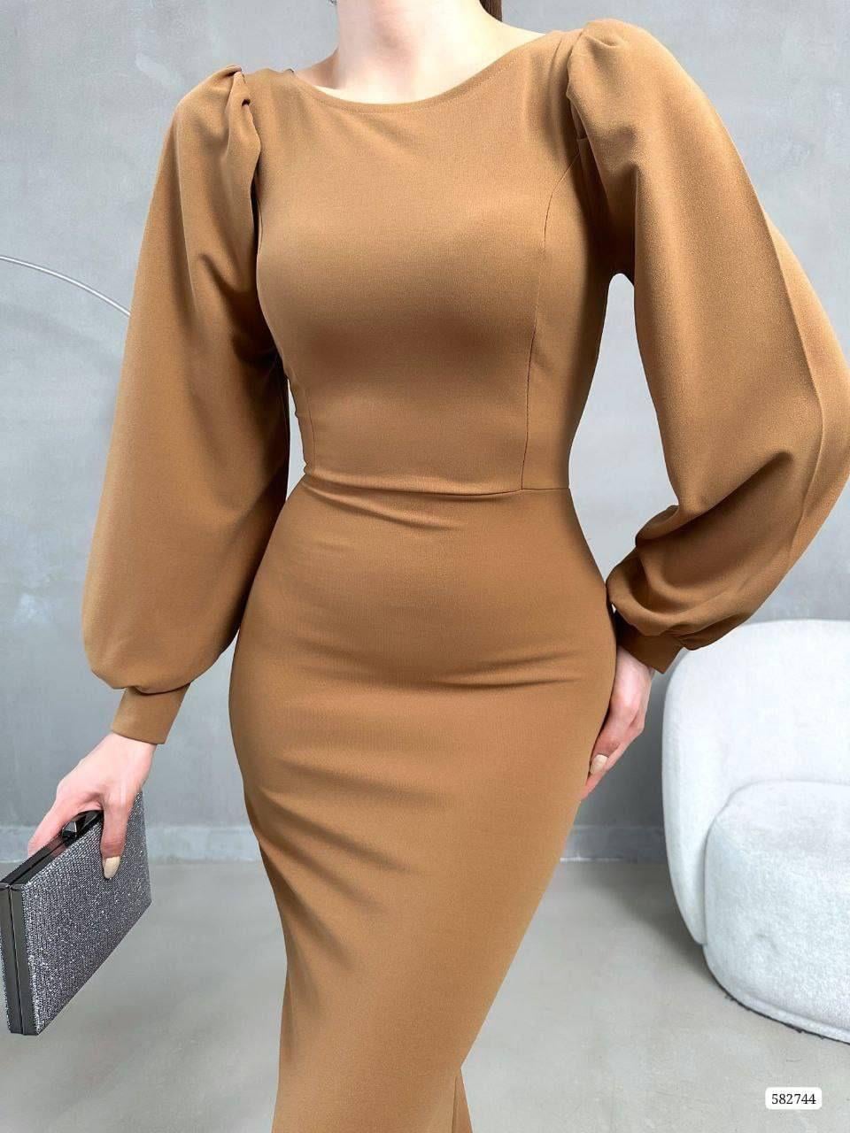 Balon Kol Balık Model Maxi Boy İthal Krep Kumaş Elbise 582744 Camel