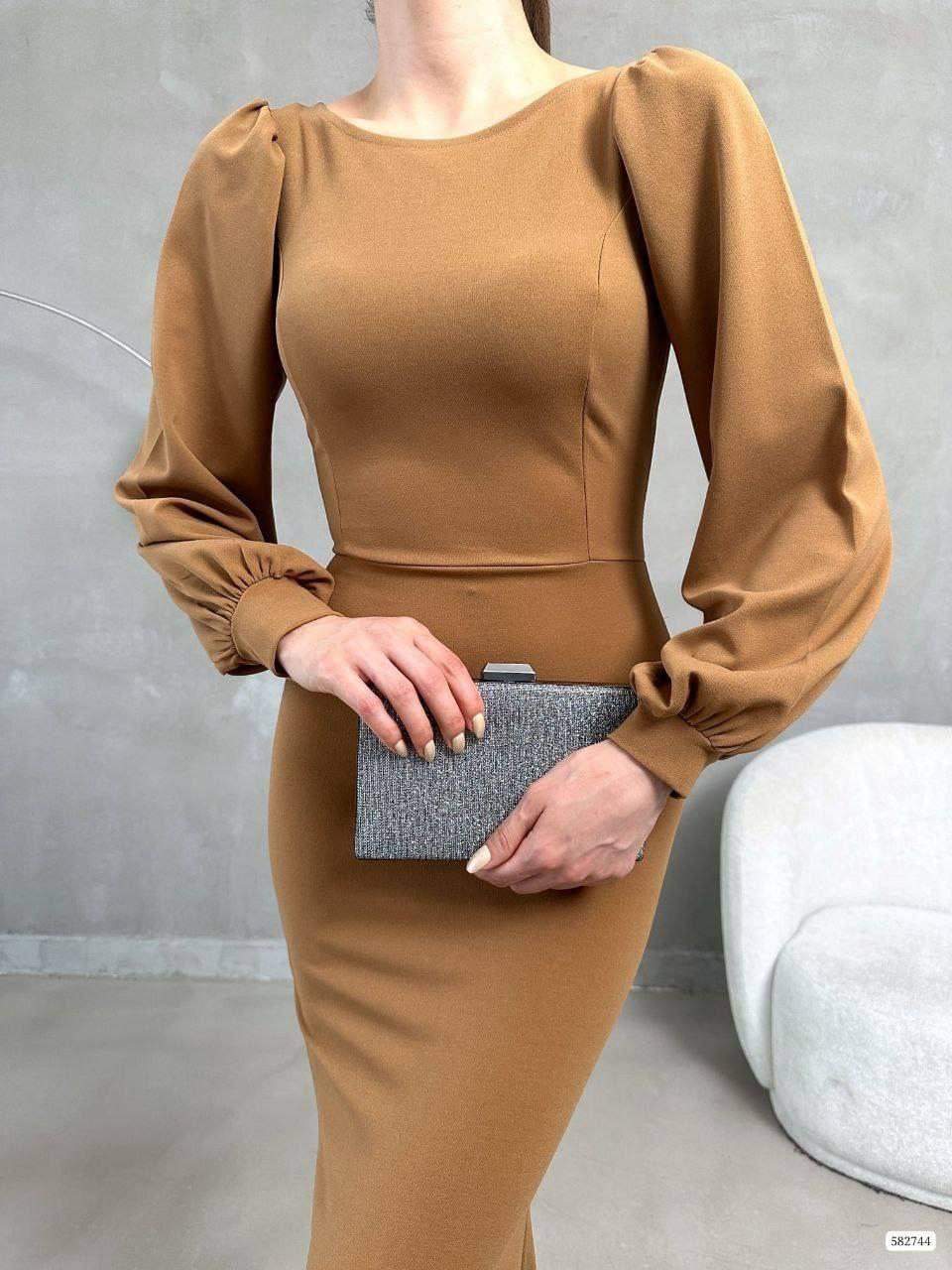 Balon Kol Balık Model Maxi Boy İthal Krep Kumaş Elbise 582744 Camel