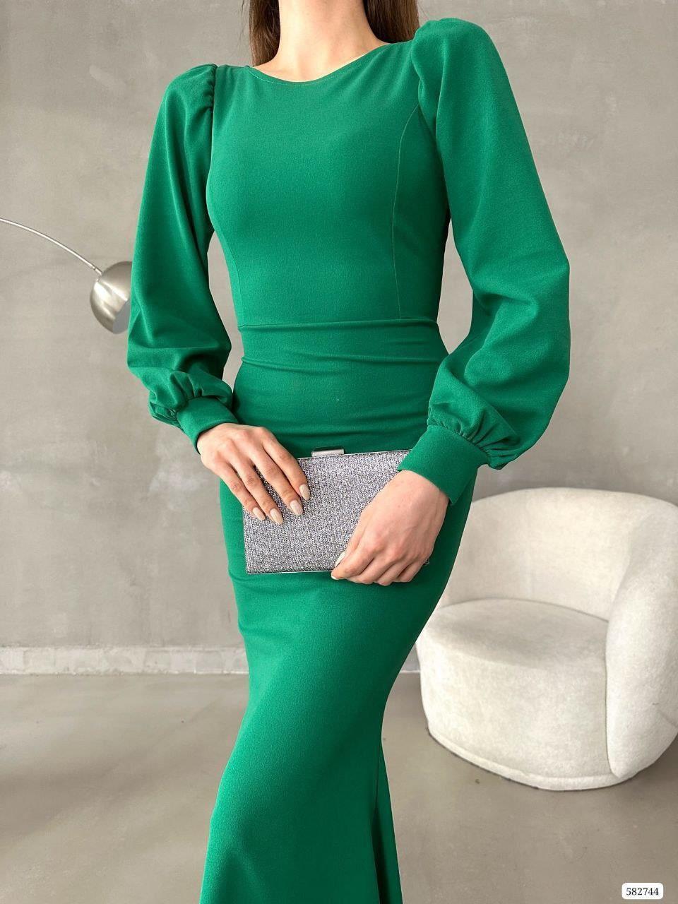 Balon Kol Balık Model Maxi Boy İthal Krep Kumaş Elbise 582744 Zumrut