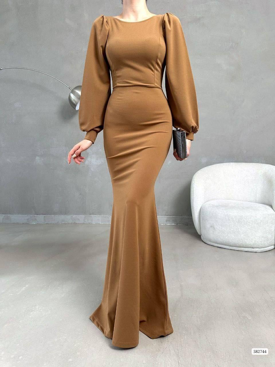 Balon Kol Balık Model Maxi Boy İthal Krep Kumaş Elbise 582744 Camel