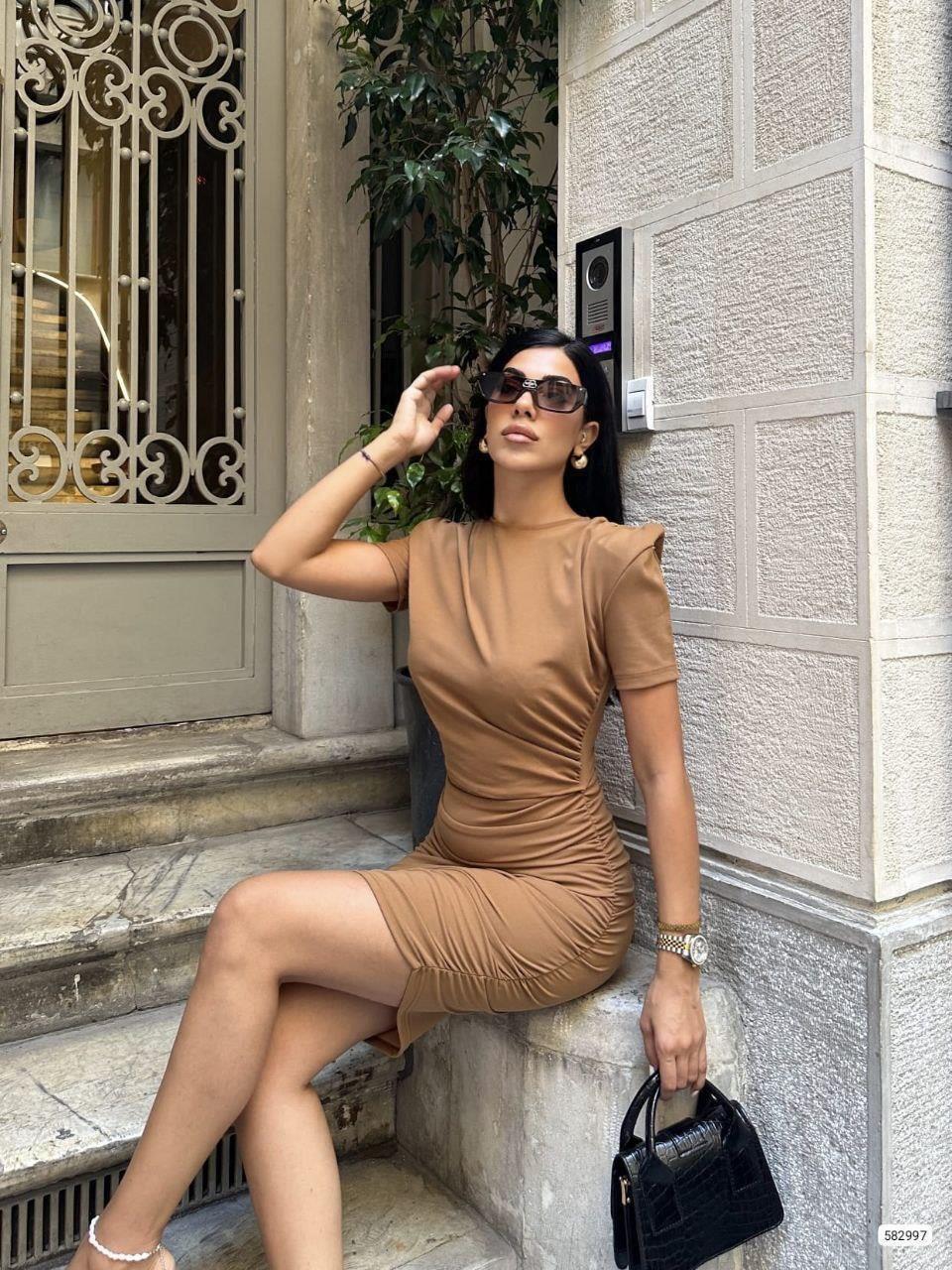 Bel Dekolteli Büzgülü Kısa Kollu Elbise 582997 Vizon