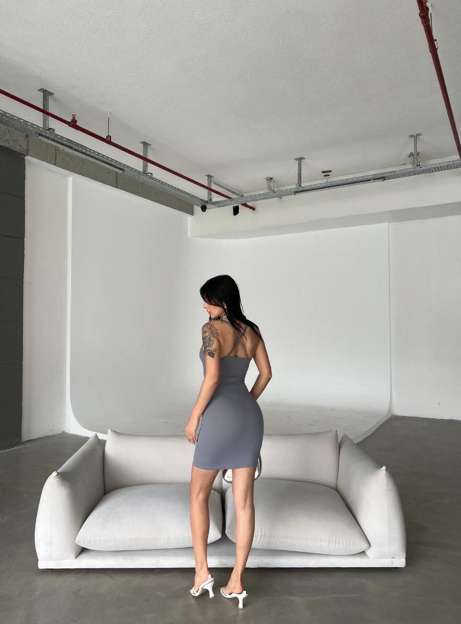 Bel Dekolteli Mini Krep Elbise 581789 Gri