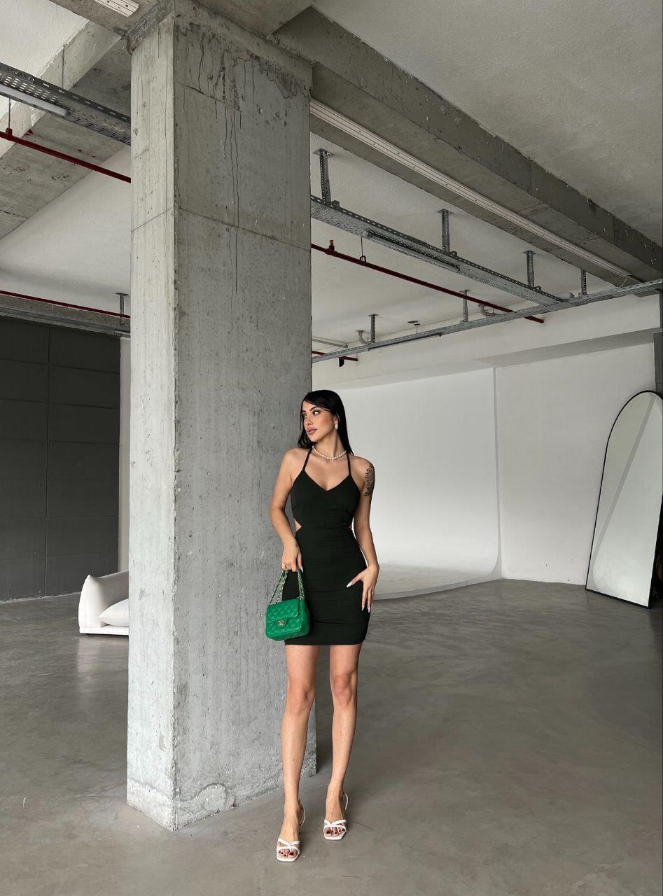 Bel Dekolteli Mini Krep Elbise 581789 Hakı