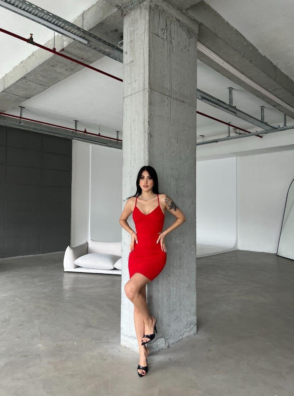 Bel Dekolteli Mini Krep Elbise 581789 KIRMIZI