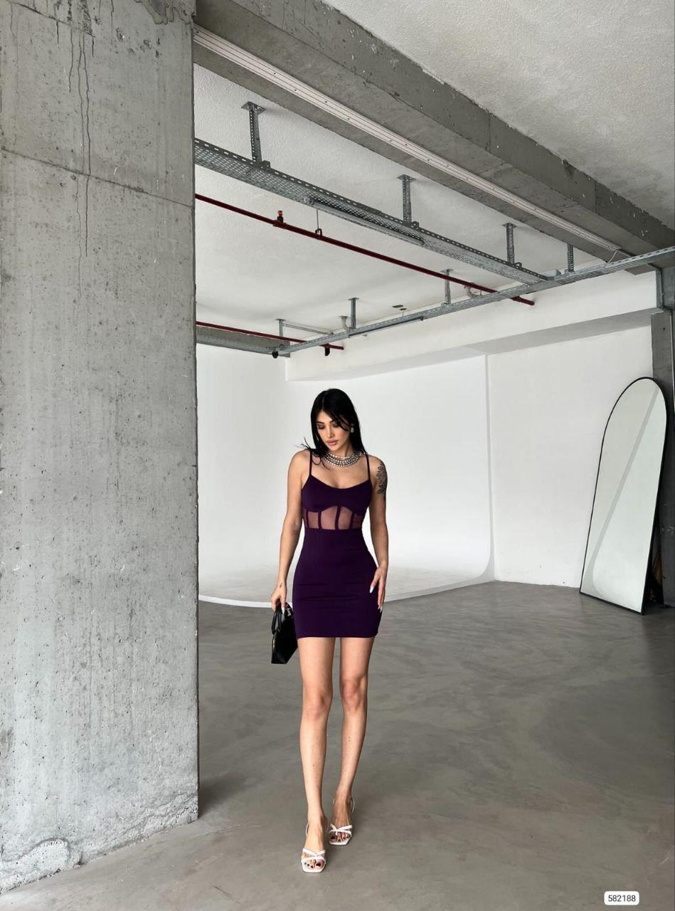 Bel Detaylı İnce Askılı Mini Elbise Mor 582188