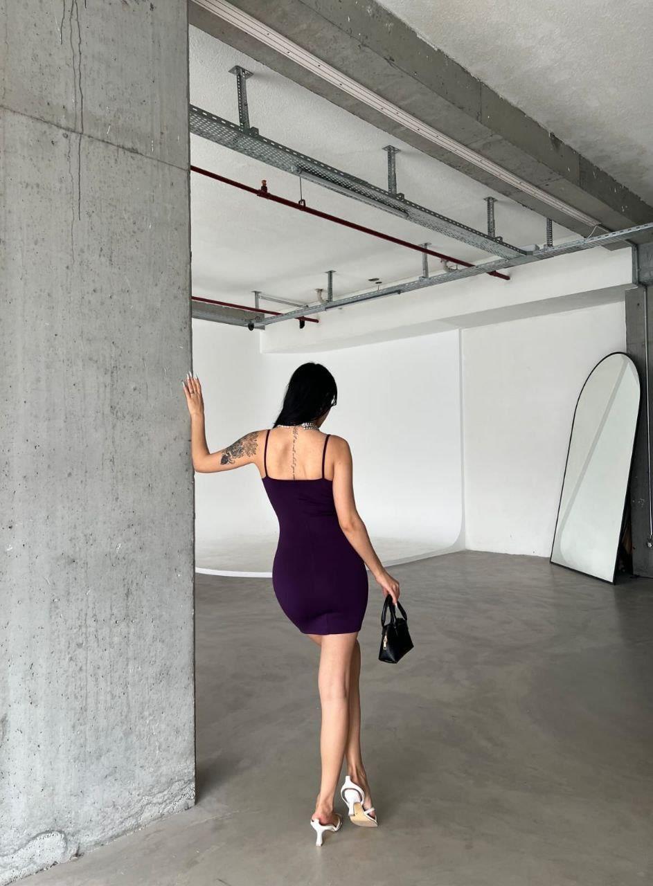 Bel Detaylı İnce Askılı Mini Elbise Mor 582188