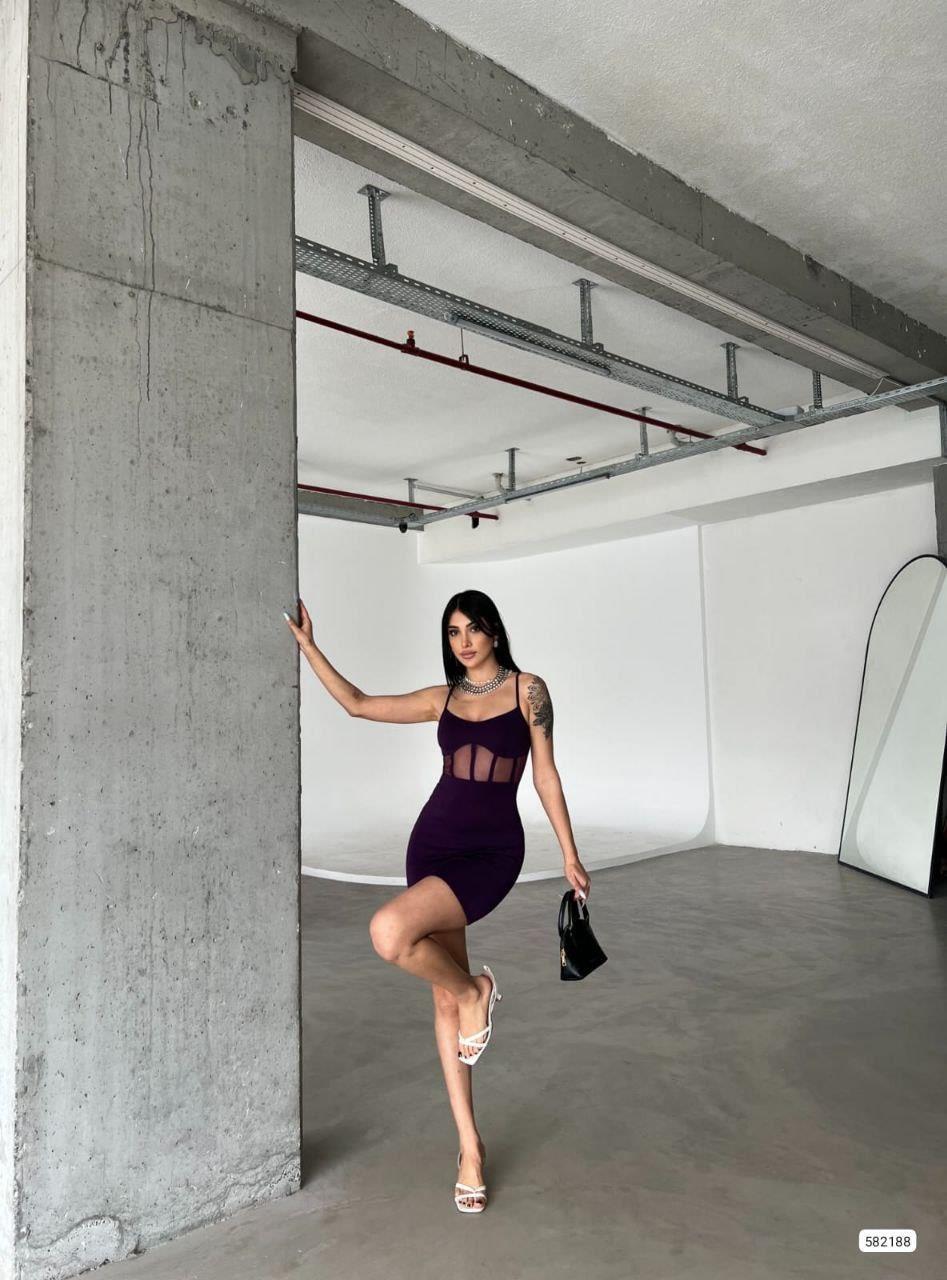 Bel Detaylı İnce Askılı Mini Elbise Mor 582188