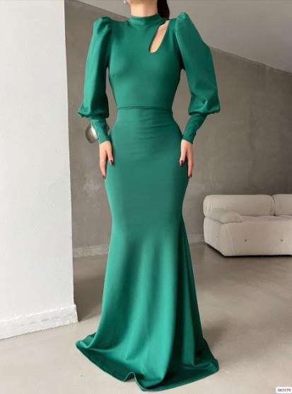 Bisiklet Yaka Balon Uzun Kollu Göğüs Detay İthal Scuba Kumaş Maxi Boy Abiye Elbise