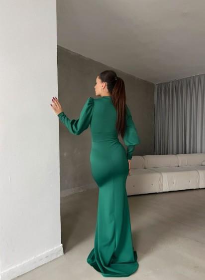 Bisiklet Yaka Balon Uzun Kollu Göğüs Detay İthal Scuba Kumaş Maxi Boy Abiye Elbise