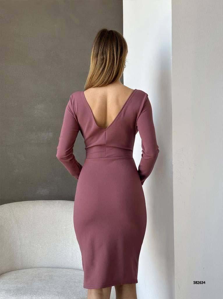 Bisiklet Yaka Uzun Kol Volan Detay Ithal Krep Kumaş Elbise 582634 Gülkurusu