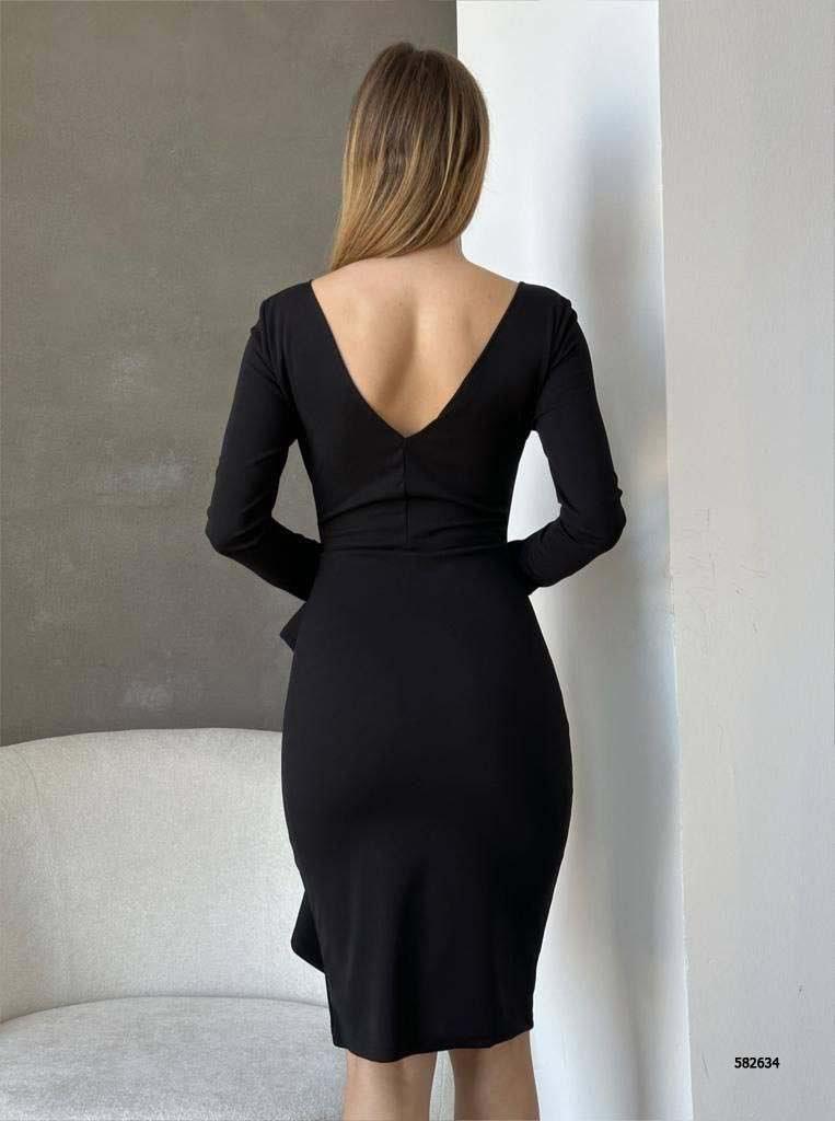 Bisiklet Yaka Uzun Kol Volan Detay Ithal Krep Kumaş Elbise 582634 Siyah