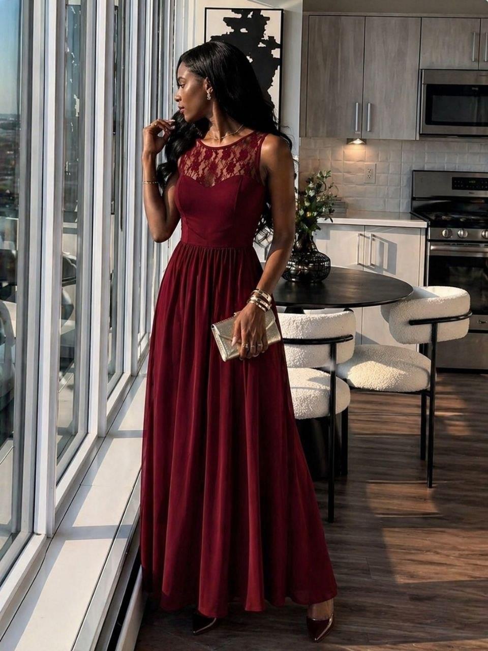 Bordo Dantel Detaylı Uzun Abiye Elbise 58271