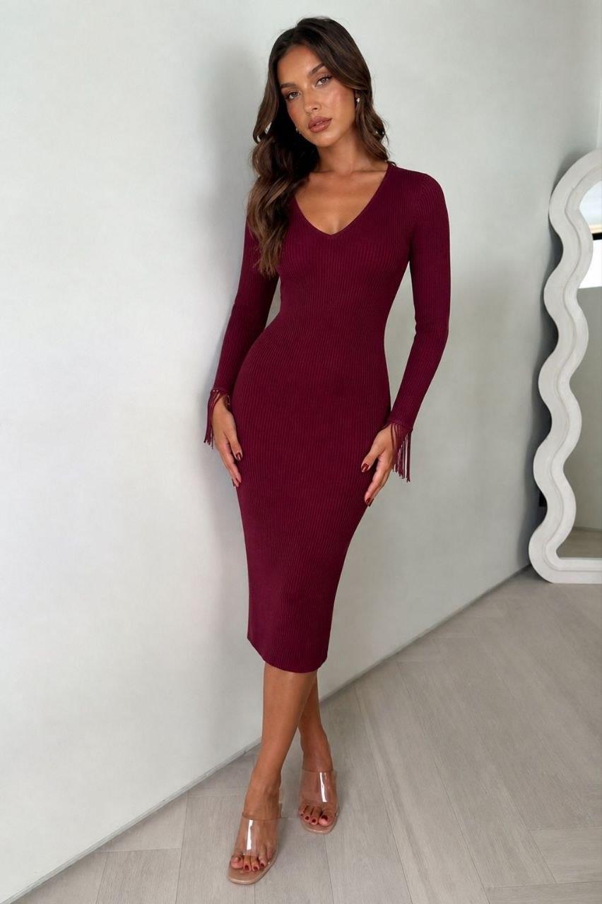 Bordo Püsküllü V Yaka Midi Boy Abiye Elbise 58415