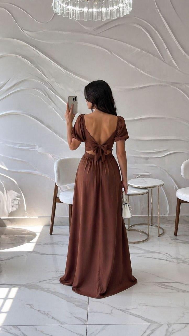 Kahve Düğüm Detaylı Uzun Abiye Elbise 583008