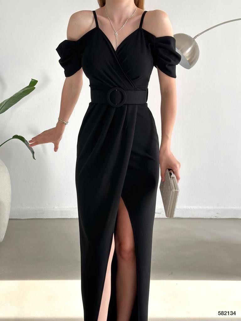 Düşük Omuz Yırtmaçlı Kemerli Elbise 582134 Siyah