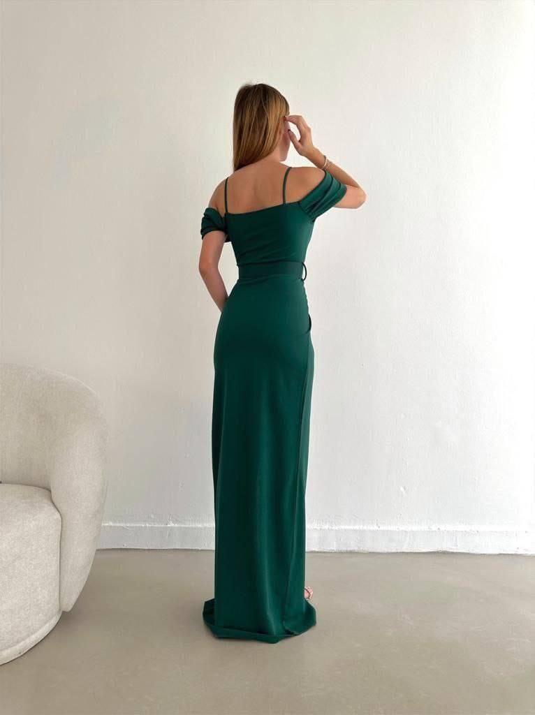 Düşük Omuz Yırtmaçlı Kemerli Elbise 582134 Zümrüt