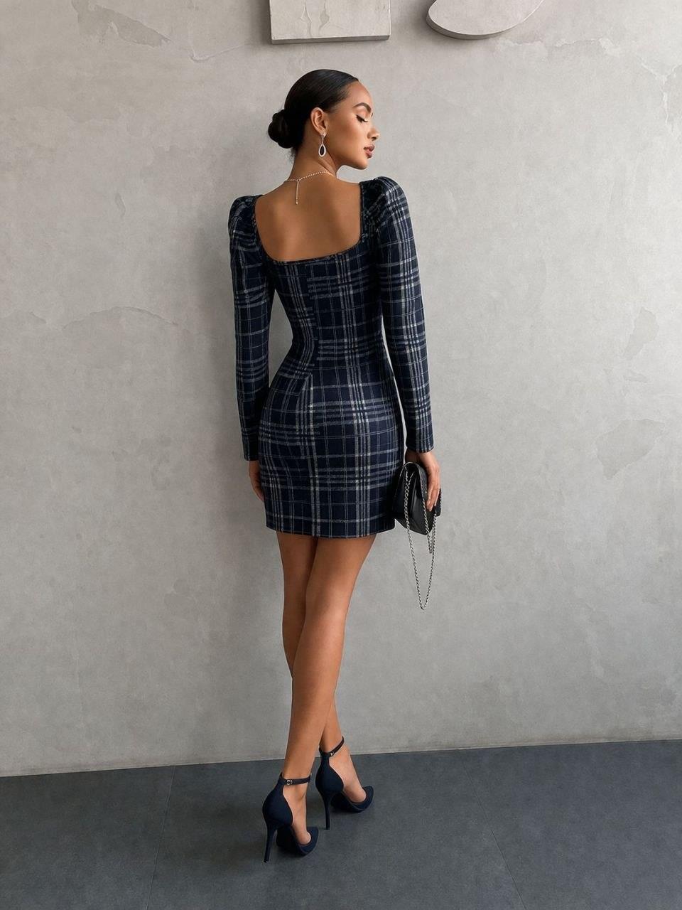 Ekose Kare Yaka Mini Elbise 581508
