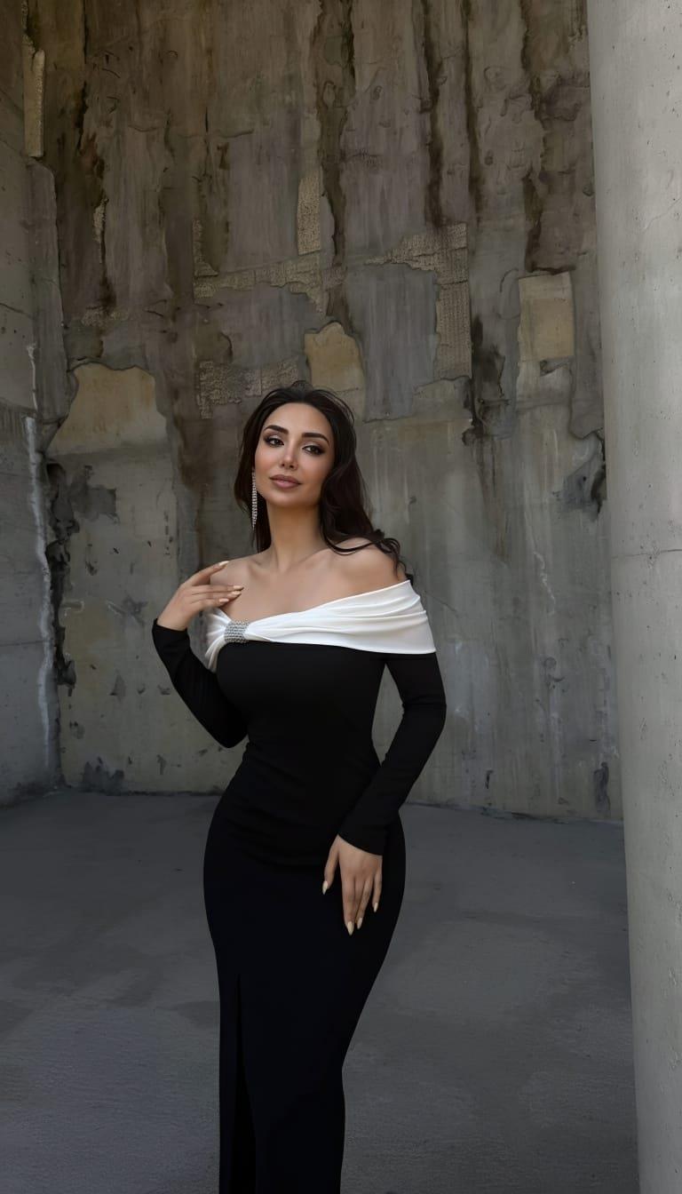Esnek Krep Kumaş Fiyonk & Taş Detaylı Abiye Uzun Kol Elbise 583354 Siyah