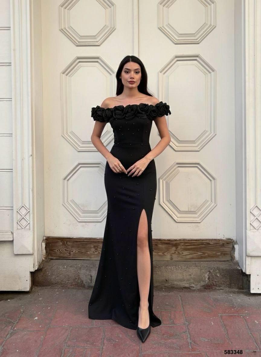 Esnek Krep Kumaş Ön Gül Detaylı Abiye Elbise 583348 SİYAH