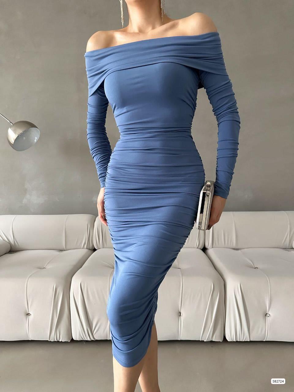 Esnek Sandy Kumaş Midi Boy Kalem Kesim Straplez Yaka Uzun Kollu Abiye Elbise 582724 İNDİGO