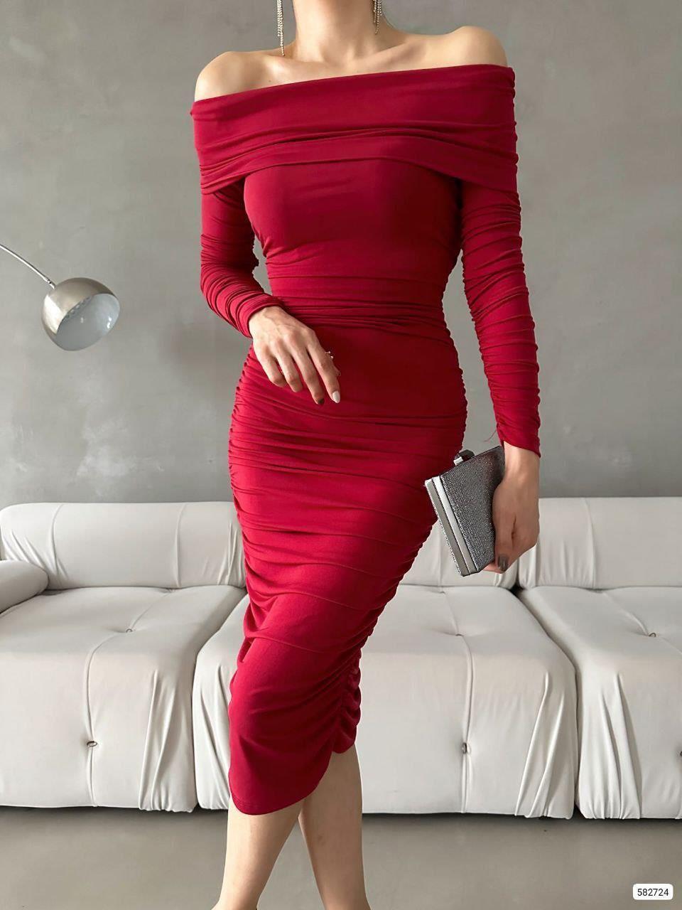 Esnek Sandy Kumaş Midi Boy Kalem Kesim Straplez Yaka Uzun Kollu Abiye Elbise 582724 KIRMIZI