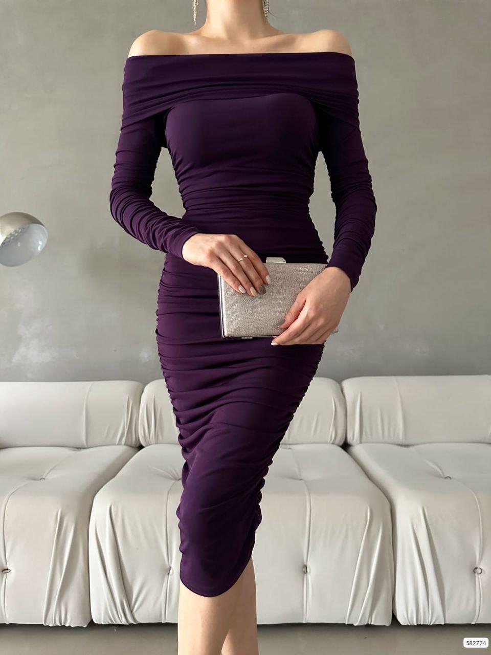 Esnek Sandy Kumaş Midi Boy Kalem Kesim Straplez Yaka Uzun Kollu Abiye Elbise 582724 MOR