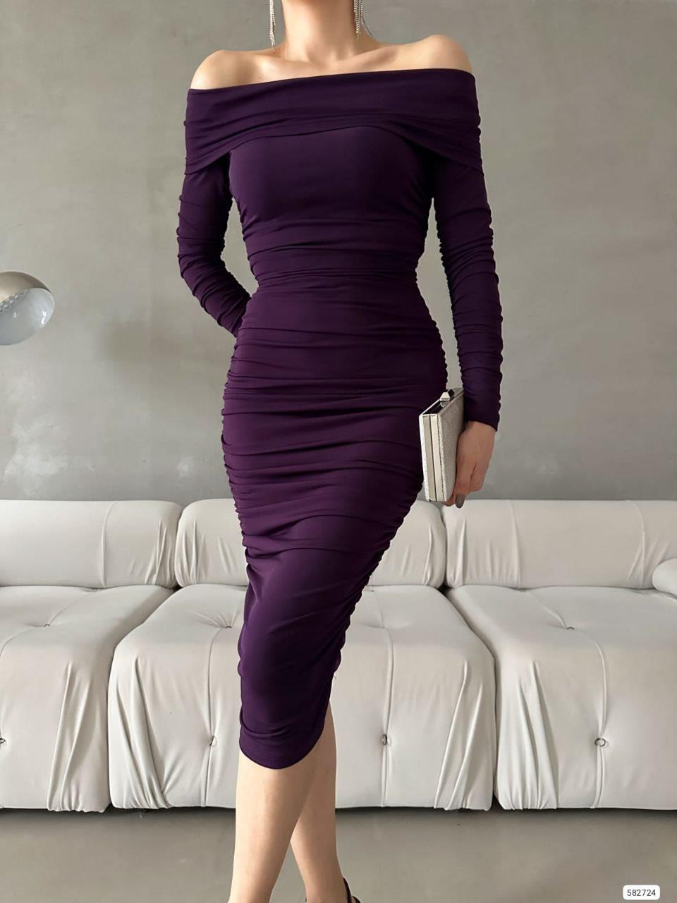 Esnek Sandy Kumaş Midi Boy Kalem Kesim Straplez Yaka Uzun Kollu Abiye Elbise 582724 MOR