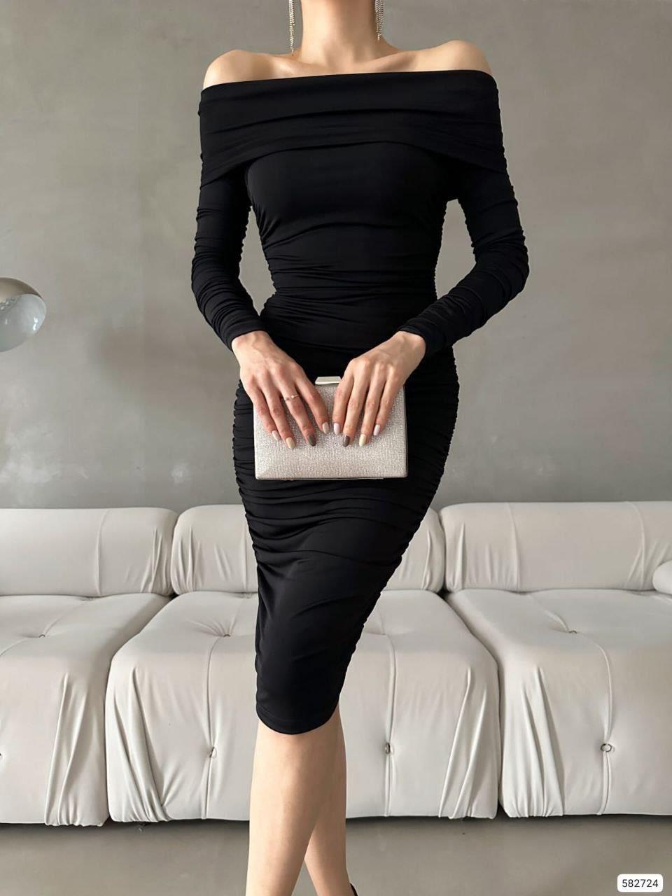 Esnek Sandy Kumaş Midi Boy Kalem Kesim Straplez Yaka Uzun Kollu Abiye Elbise 582724 SİYAH