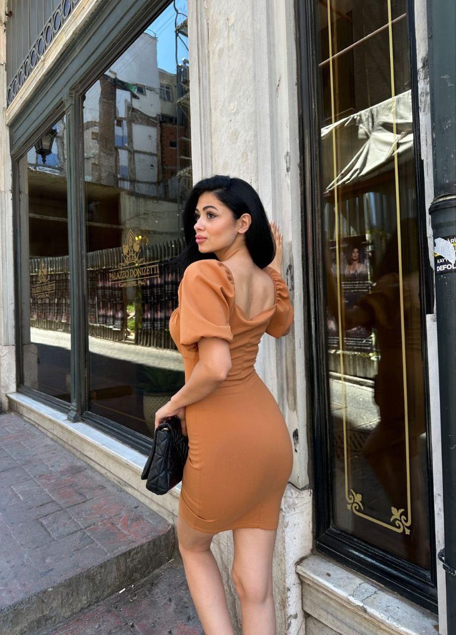 Fendy Büzgü Detay Mini Elbise 583006 Camel