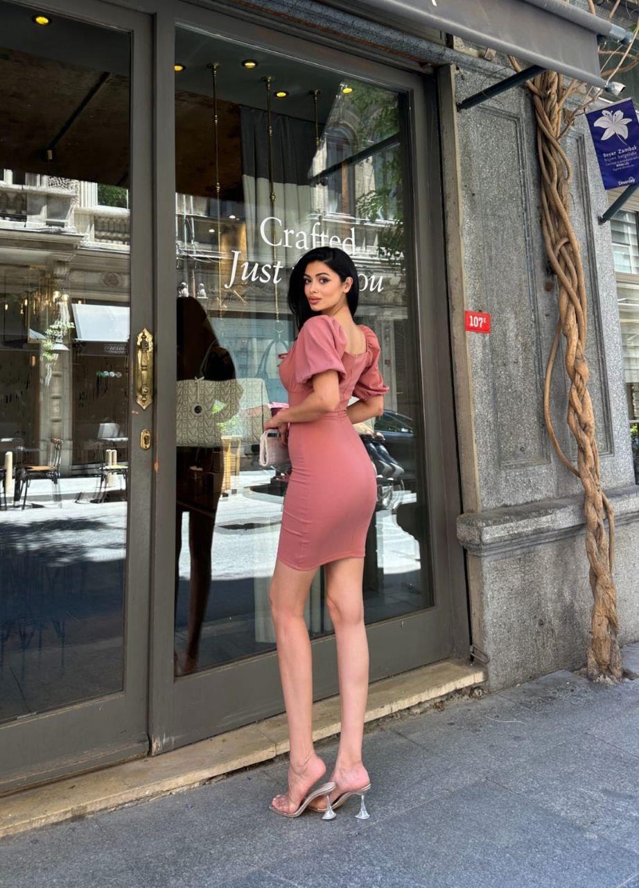 Fendy Büzgü Detay Mini Elbise 583006 Gülkurusu