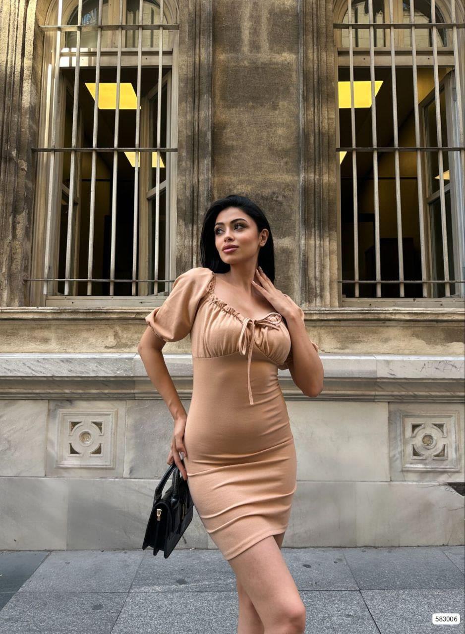 Fendy Büzgü Detay Mini Elbise 583006 Vizon