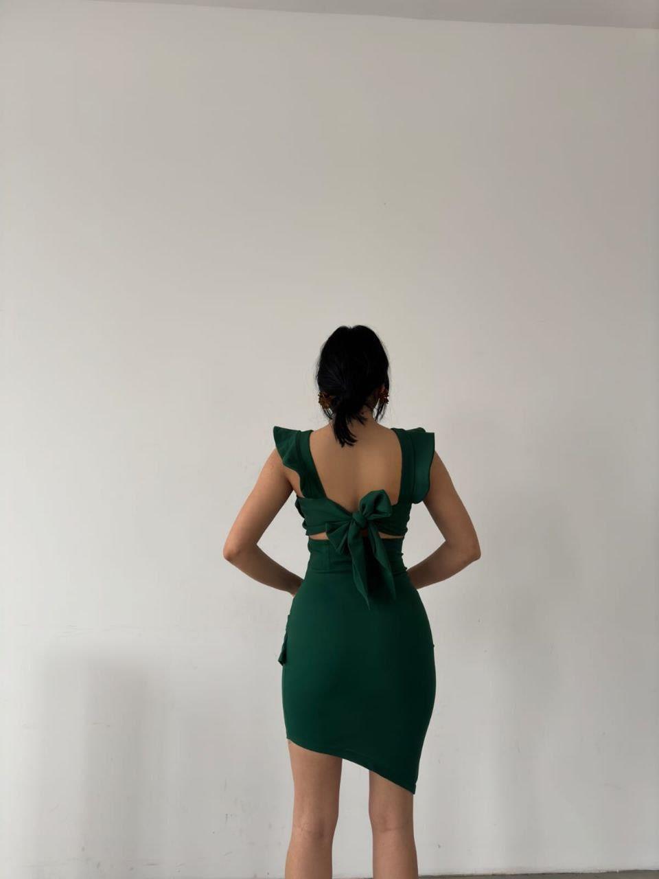 Fırfırlı Sırt Bağlamalı Krep Elbise 582074 Zumrut
