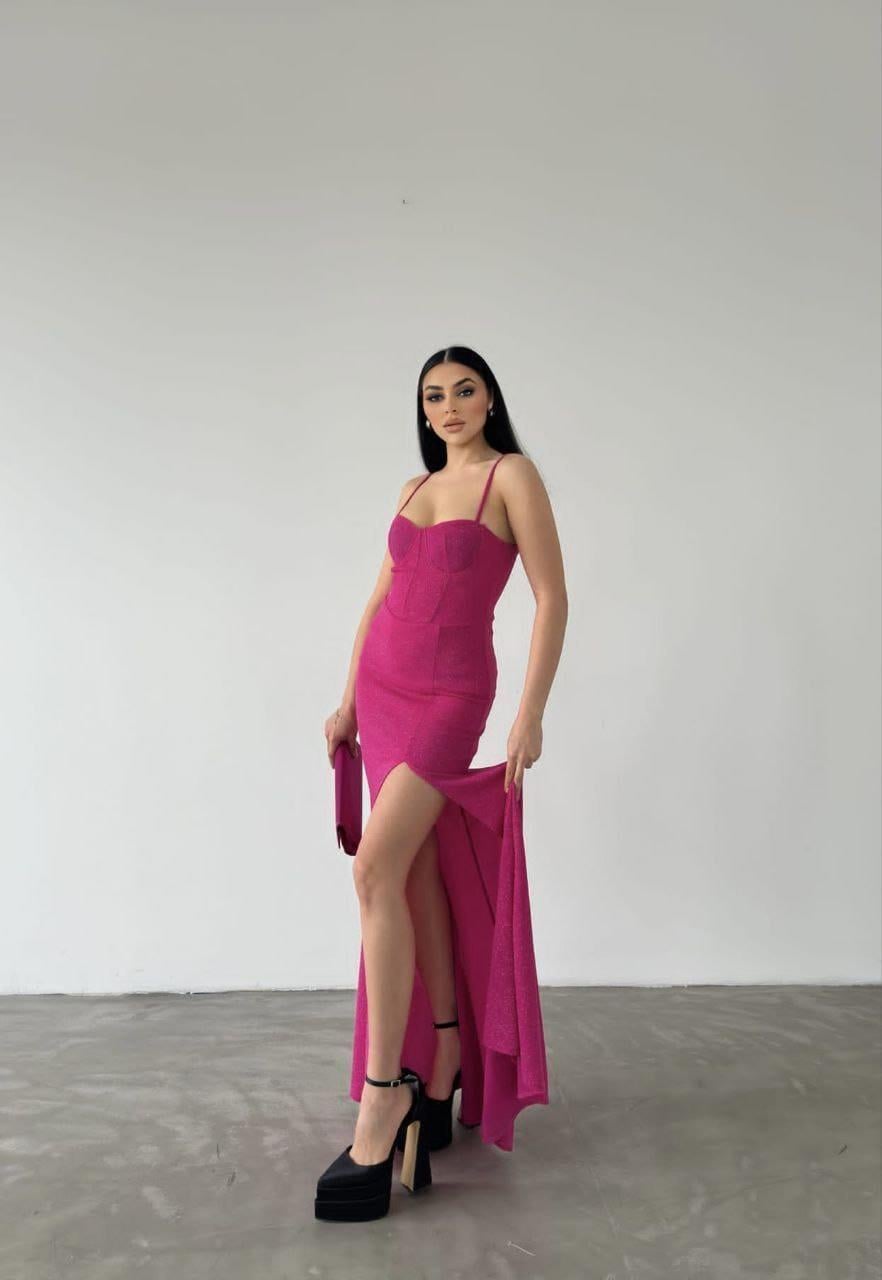 Fukuro Kumaş Yırtmaç Detay Premium Abiye Elbise Fuşya 582419