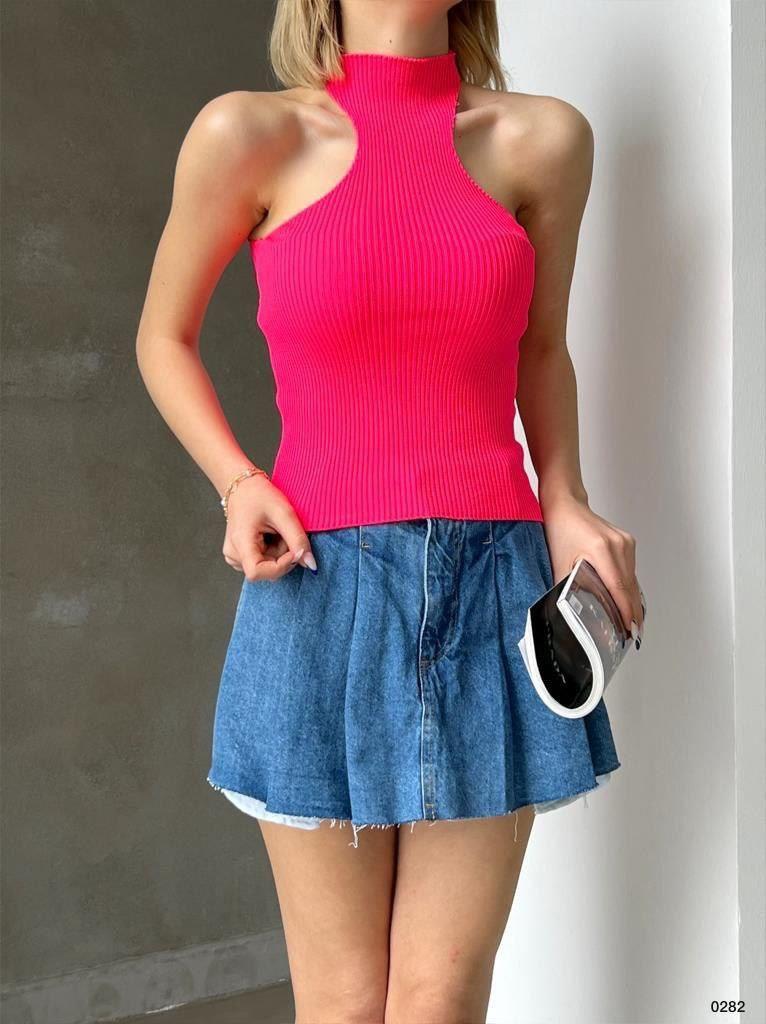 Fuşya Dik Yaka Kolsuz Triko Bluz TR0282