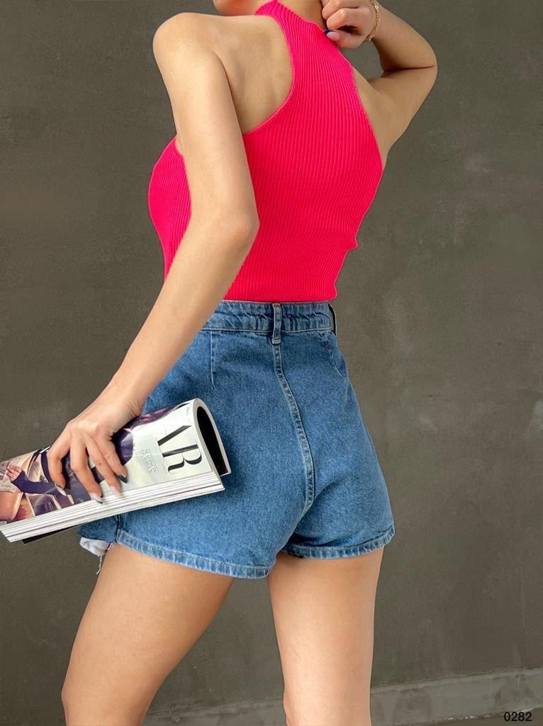 Fuşya Dik Yaka Kolsuz Triko Bluz TR0282