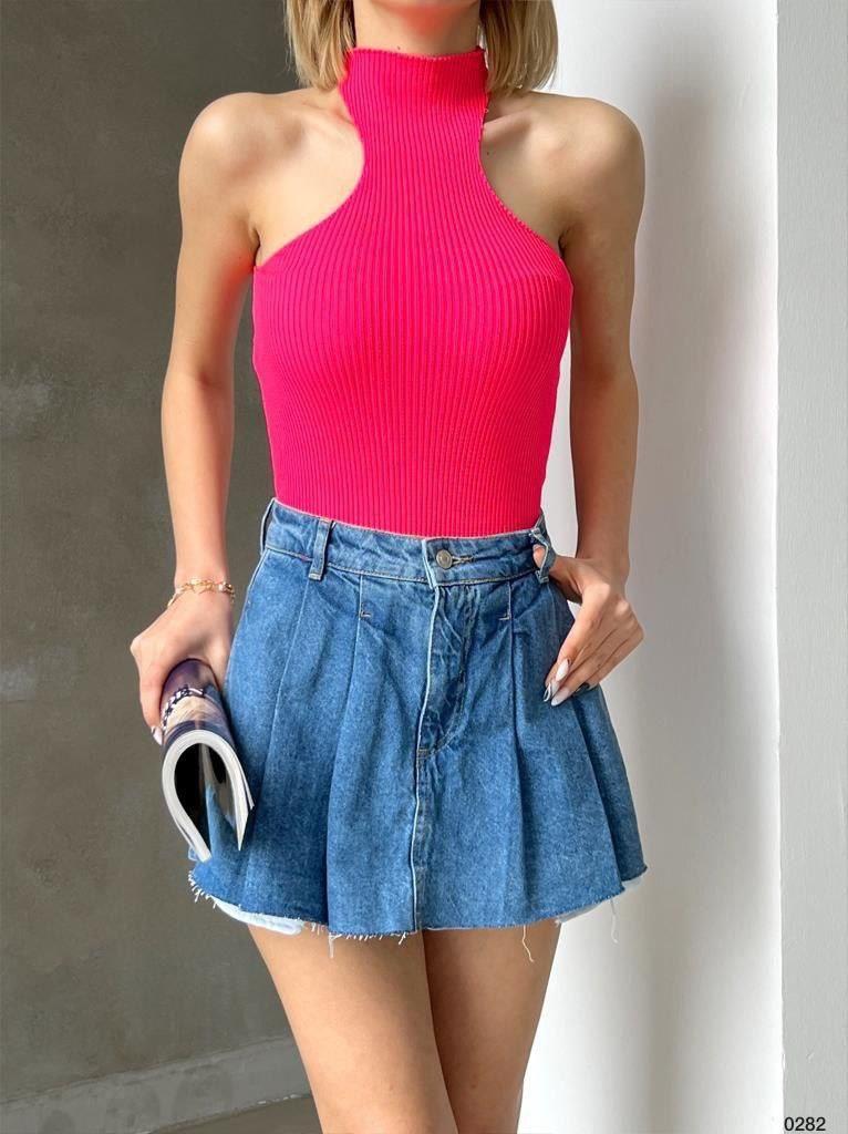 Fuşya Dik Yaka Kolsuz Triko Bluz TR0282