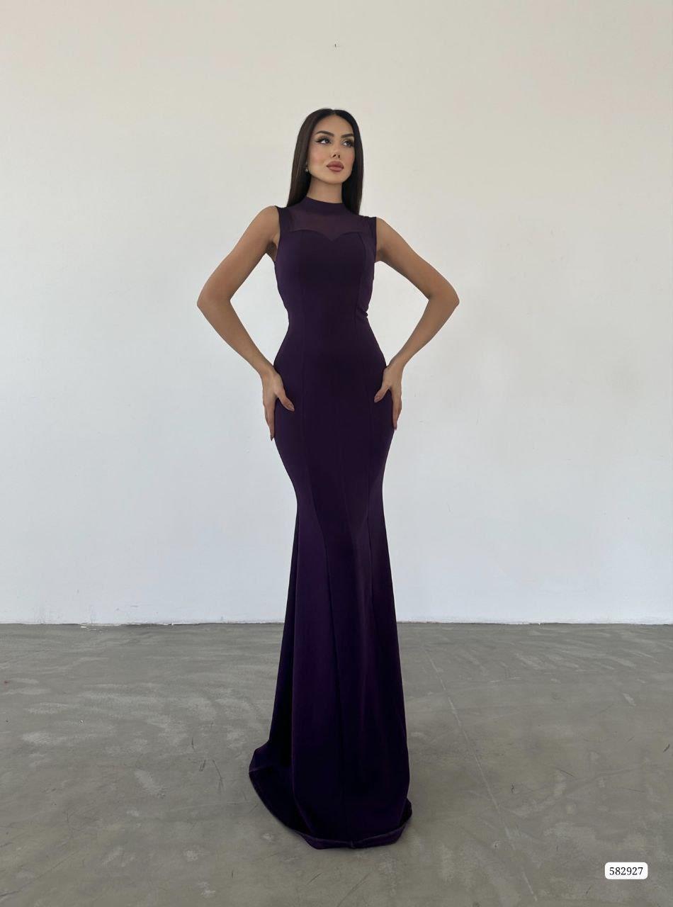 Göğüs Payetli Tül File Detaylı Seritli Maxi Boy Balık Model Uzun Abiye Elbise 582927 MOR