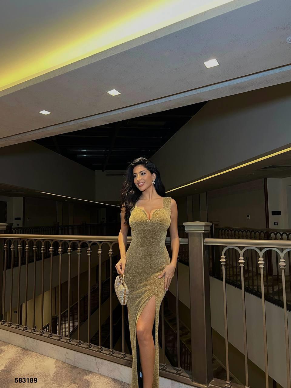 Gold Flowers kumaş Askılı Yırtmaçlı Maxi Boy Abiye Elbise 583189
